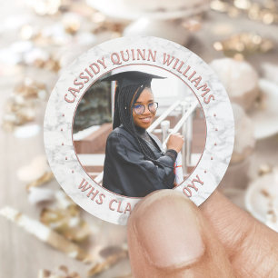 Sticker Rond Classe photo Année Pink Rose Gold Marble Graduatio
