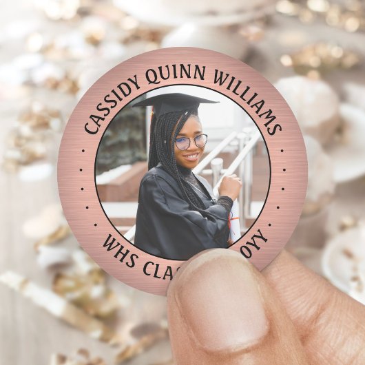 Sticker Rond Classe photo Année Rose Gold & Black Graduation
