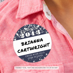 Sticker Rond Classe Reunion Navy Blue Silver Stars Nom Tags