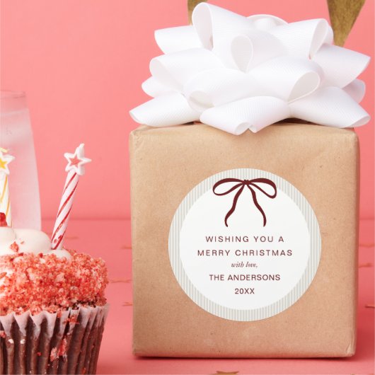 Sticker Rond Classic Beige  Stripes Red Bow Merry Christmas (Fête)