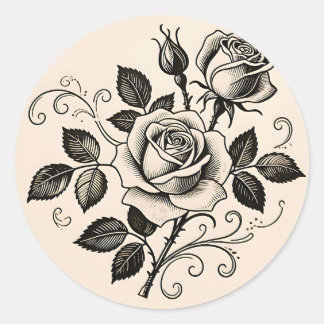 Sticker Rond Classic Black Rose Vintage Botanical Bloom