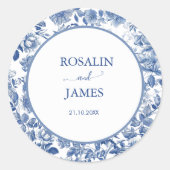 Sticker Rond Classic Blue Toile Botanical Wedding Seal Label (Devant)