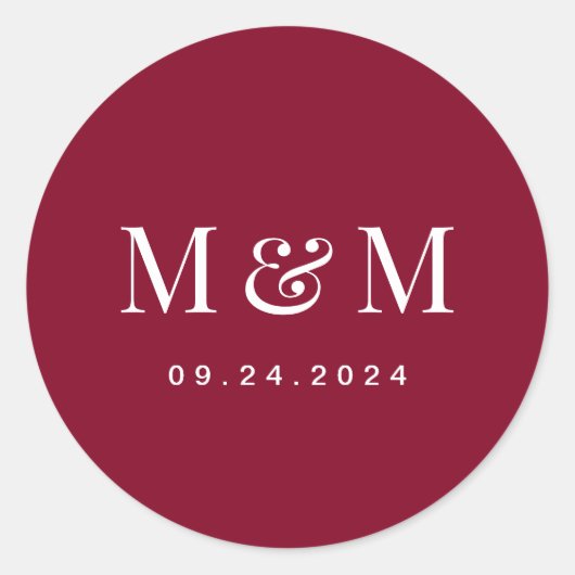 Sticker Rond Classic  Burgundy Red Monogram Typography Wedding (Devant)