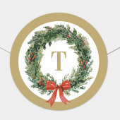 Sticker Rond Classic Christmas Wreath Gold Monogram Initial