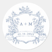 Sticker Rond Classic Dusty Blue Floral Crest Monograms (Devant)
