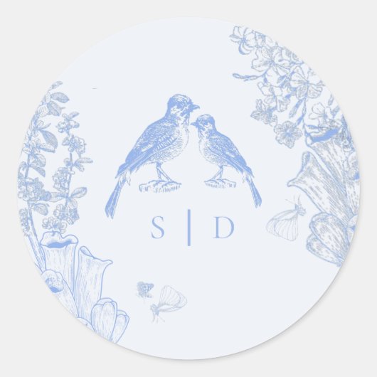 Sticker Rond Classic French Blue White Floral Birds Wedding  (Devant)
