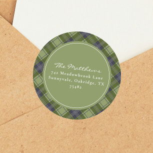 Sticker Rond Classic Green Plaid Christmas Adresse de retour