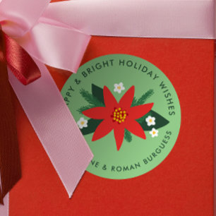 Sticker Rond Classic Green Poinsettia cadeau de Noël