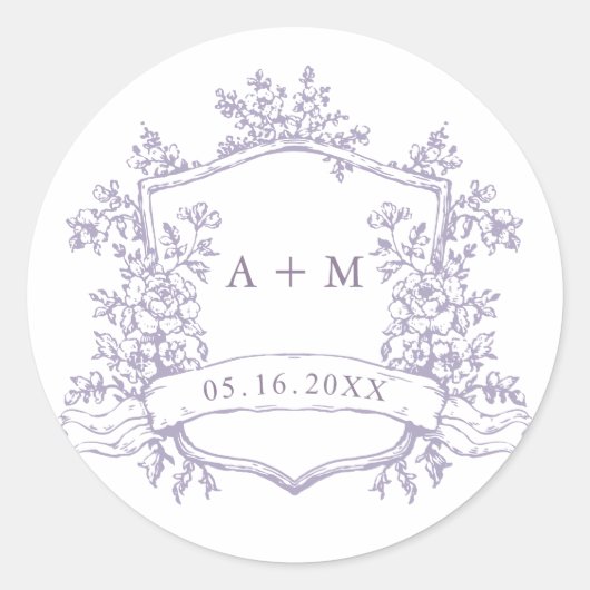 Sticker Rond Classic Lavender Floral Crest Monograms (Devant)