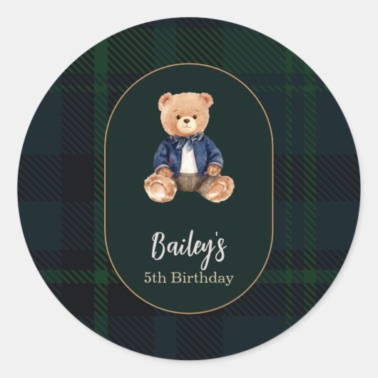 Sticker Rond Classic Plaid Little Bear Birthday (Devant)