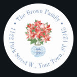 Sticker Rond Classic Red Poinsettia Christmas Adresse de retour<br><div class="desc">Cette conception flexible autocollant comprend un plante de poinsettia rouge festif dans une jarre de gingembre bleu et blanc avec une bordure circulaire en texte. Montré ici pour une étiquette d'adresse de retour, mais tous les champs de texte sont flexibles à vos besoins par exemple pourrait être un autocollant de...</div>