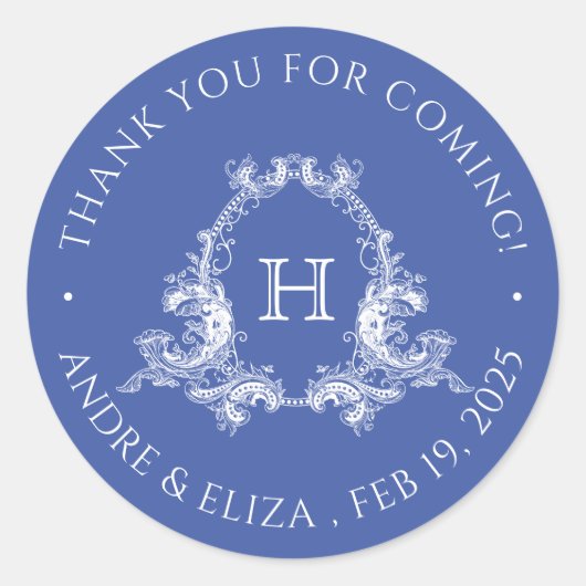 Sticker Rond Classic Regency Blue Crest Monogram Classe Mariage (Devant)
