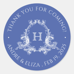 Sticker Rond Classic Regency Blue Crest Monogram Classe Mariage