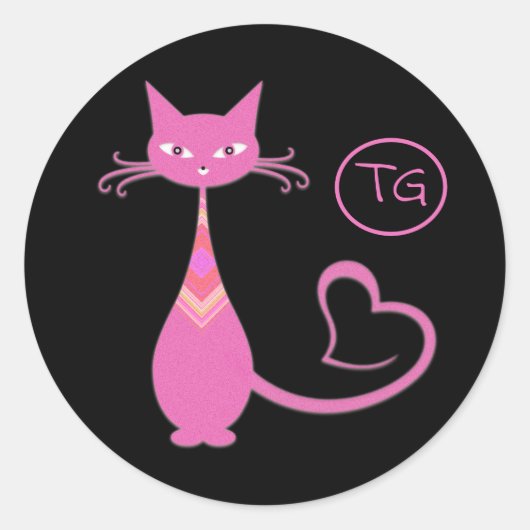 Sticker Rond Classic Retro rose Kitty Chat Coeur Tail Monogramm (Devant)