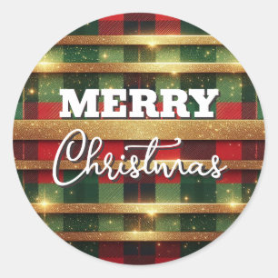 Sticker Rond Classic Rouge et Vert Plaid Sparkling Gold Stripes