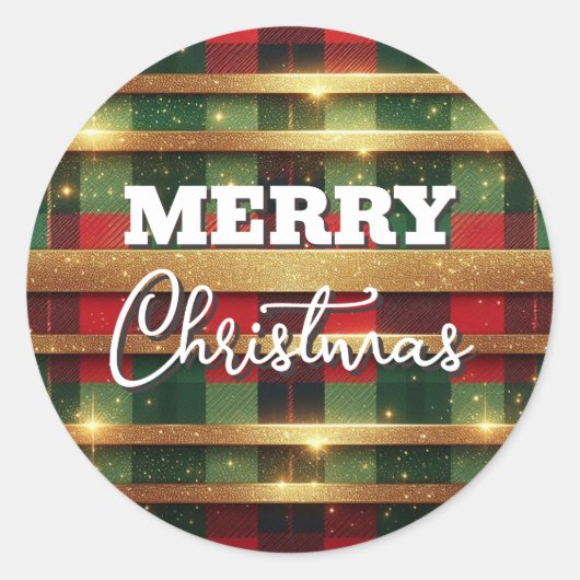 Sticker Rond Classic Rouge et Vert Plaid Sparkling Gold Stripes (Devant)