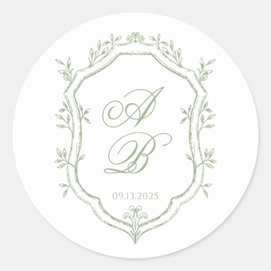Sticker Rond Classic Sage Green Floral Monogram Crest Wedding (Devant)