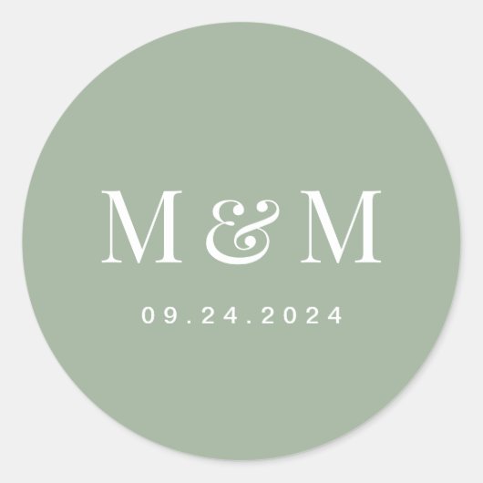 Sticker Rond Classic Sage Green Monogram Typography Wedding (Devant)
