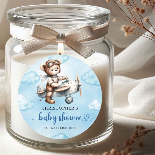 Sticker Rond Classic Teddy Bear Pilot Blue Brown Baby Shower 