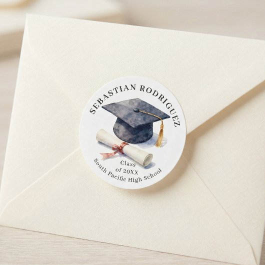 Sticker Rond Classic Watercolor Graduation Cap Diploma