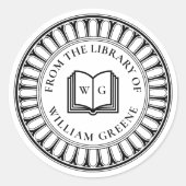 Sticker Rond Classical Open Book Monogram Ex Libris Bookplate (Devant)