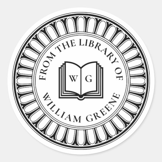 Sticker Rond Classical Open Book Monogram Ex Libris Bookplate (Devant)