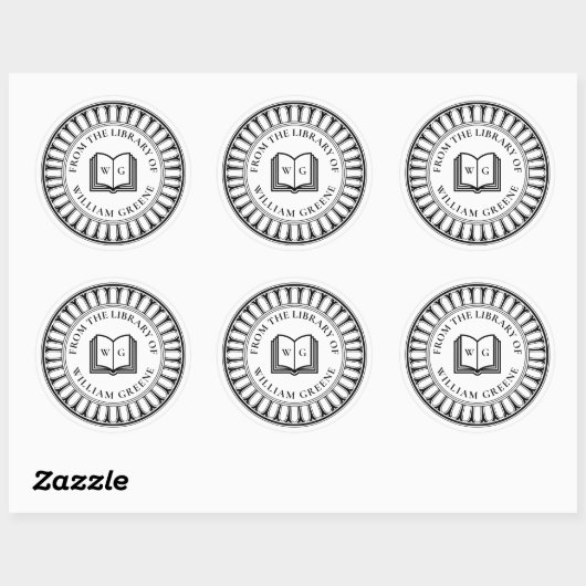Sticker Rond Classical Open Book Monogram Ex Libris Bookplate (Feuille)