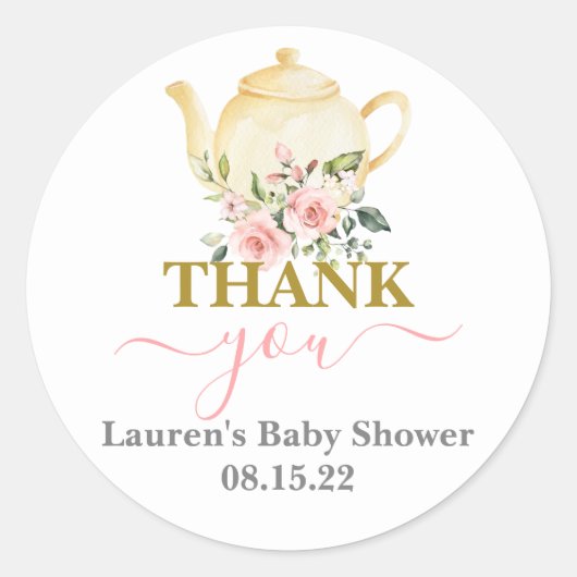 Sticker rond classique Baby shower théière (Devant)