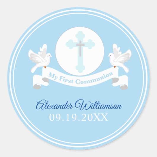 Sticker rond classique bleu première communion (Devant)