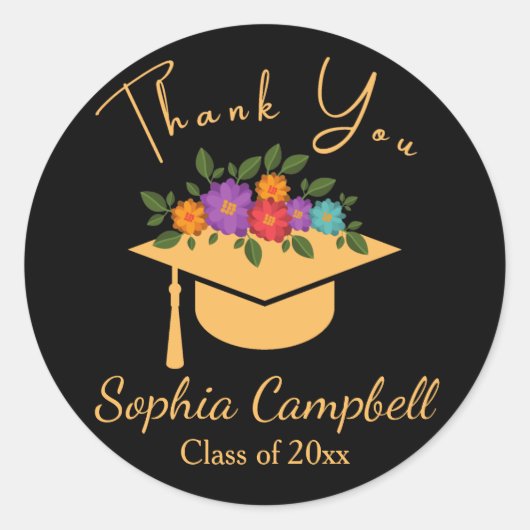 Sticker rond classique de graduation florale noire (Devant)