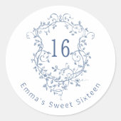 Sticker Rond Classique Français Bleu Floral Crest Sweet 16 Anni (Devant)