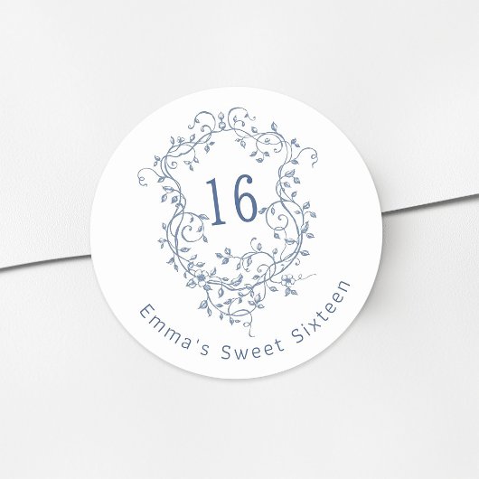 Sticker Rond Classique Français Bleu Floral Crest Sweet 16 Anni
