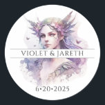 Sticker rond classique Mariage de fées enchanté<br><div class="desc">Des autocollants de mariage enchantés pour vos invités ou comme scellés d'enveloppe. Style élégant et éthérée jolie fée aquarelle dans le violet pastel.</div>