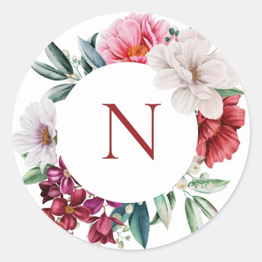 Sticker rond classique Monogram Pink Peonies (Devant)