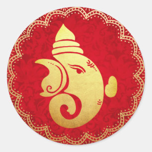 Sticker Rond Classique Or Ganapati Dieu hindou indien Rouge 
