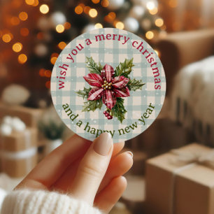 Sticker Rond Classique Poinsettia à carreaux Floral Joyeux Noël