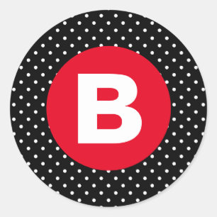 Sticker Rond Classique pois noir et blanc avec monogramme rouge