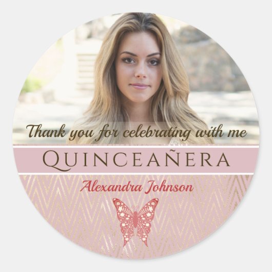 Sticker rond classique Quinceanera Photo Merci (Devant)