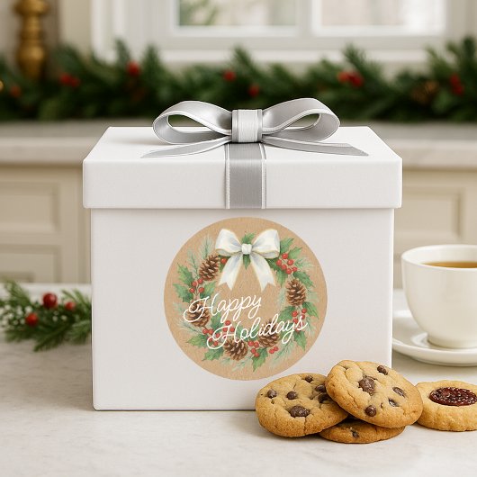 Sticker Rond Classy December Wreath With White Bow Watercolor