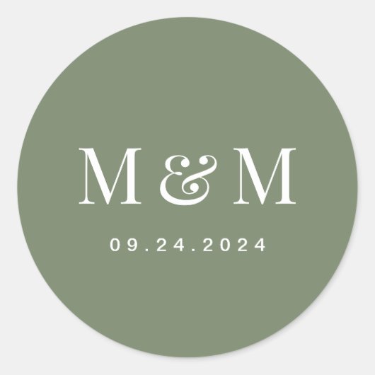 Sticker Rond Classy Deep Sage Green Monogram Typography Wedding (Devant)