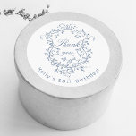 Sticker Rond Classy French Victorian Blue 50th Birthday Party<br><div class="desc">sticker classique français victorien bleu floral crête pour n'importe quel âge. Pour une personnalisation plus avancée de cette conception,  cliquez sur le BOUTON DESIGN TOOL ci-dessus !</div>