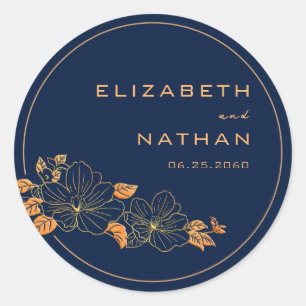 Sticker Rond Classy Gold Floral Marine Blue Foliage Mariage