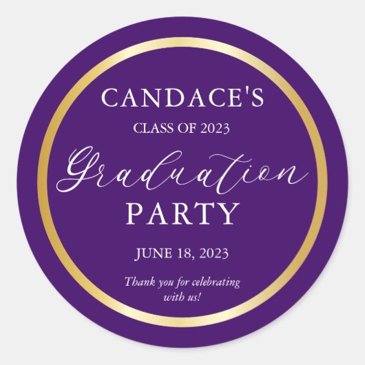 Sticker Rond Classy Gold Minimalist Graduation Party Purple (Devant)