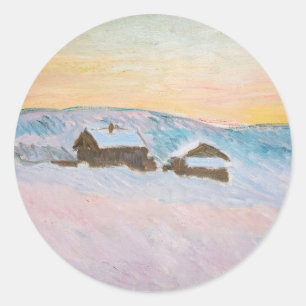 Sticker Rond Claude Monet - Paysage norvégien, Maisons bleues