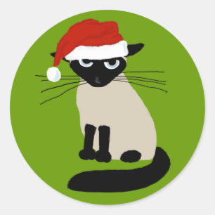 Sticker Rond Clause du Père Noël siamois - Cat de Noël amusant
