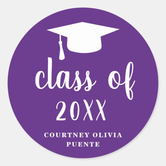 Sticker Rond Clé de graduation simple violet et blanc (Devant)