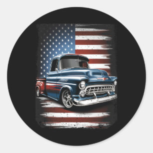 Sticker Rond Clic Old Pickup Truck American Flag 4 juillet Pa