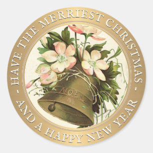 Sticker Rond Cloche de Noël Vintage (rose florale) Or métalliqu