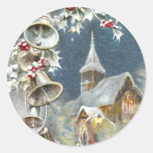 Sticker Rond Cloches d'argent et Noël Vintage de l'église