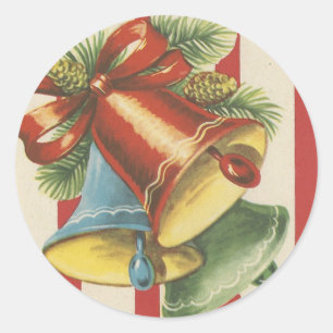 Sticker Rond Cloches De Noël Vintage Sur Bande Rouge Et Blanche
